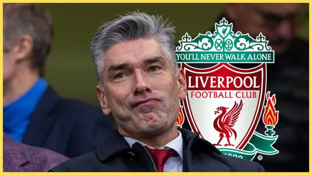 Liverpool sporting director Richard Hughes looks conflicted during Premier League game next to LFC club crest.