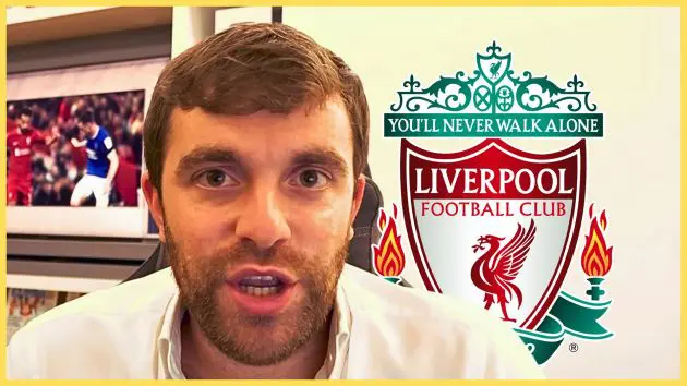 Transfer news expert Fabrizio Romano speaks next to Liverpool club crest.