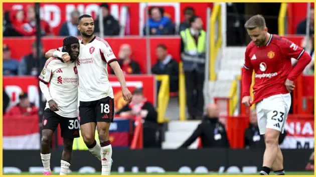 Jeremie Frimpong and Cody Gakpo revel in a Liverpool goal at Old Trafford