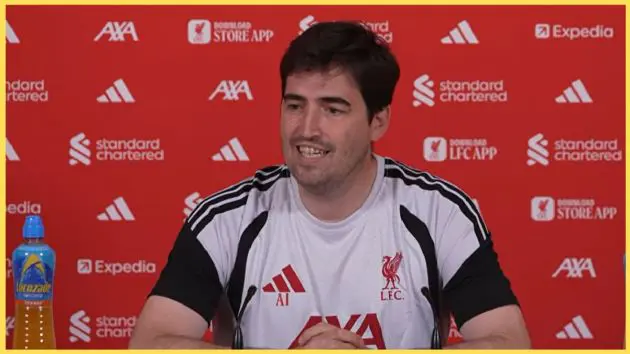 Liverpool head coach Andoni Iraola addresses the media