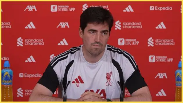 Andoni Iraola speaks to the media at his first press conference as Liverpool head coach