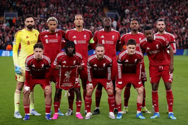 Liverpool players pose for a team photo before a Champions League match
