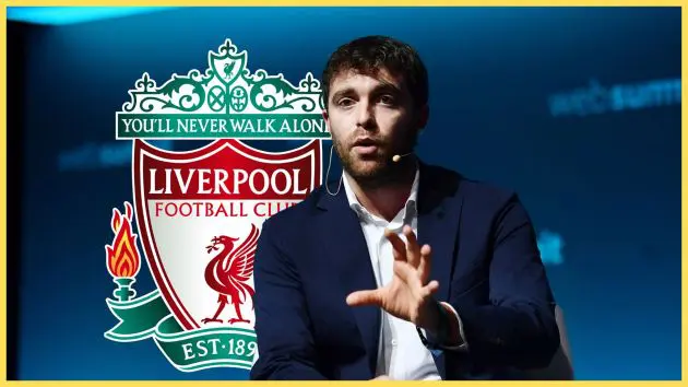 Fabrizio Romano holds out an open palm in front of Liverpool club crest.