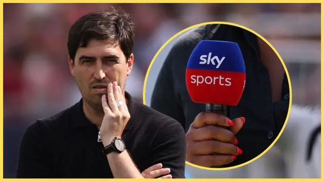 Liverpool manager Andoni Iraola scratches his face next to Sky Sports microphone.