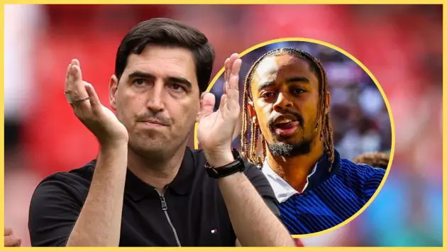 Liverpool manager Andoni Iraola claps his hands as PSG winger Bradley Barcola licks his lips.
