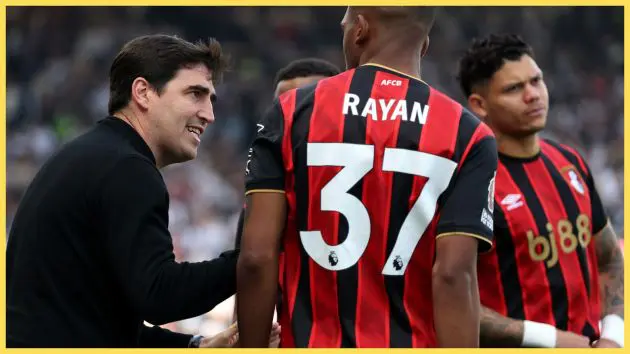 Liverpool manager Andoni Iraola speaks to Rayan of Bournemouth.