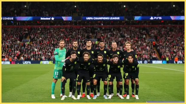 Atletico Madrid players pose for a team photo before their game against Liverpool
