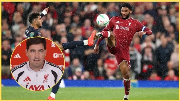 Joe Gomez contests a duel with Omar Marmoush, with Andoni Iraola inset