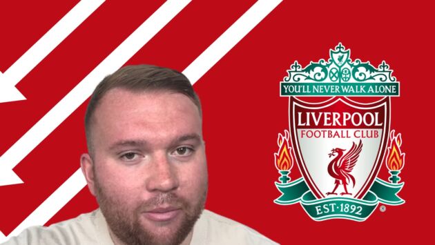 Lewis Steele pictured beside the Liverpool crest