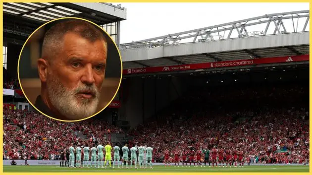 Liverpool players before kick-off at Anfield, with Roy Keane inset