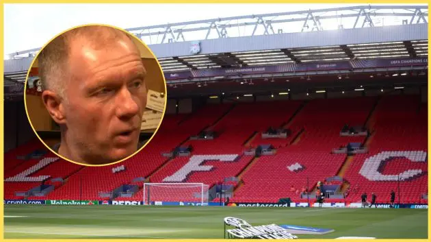 A photo of the Kop at Anfield, with Paul Scholes inset